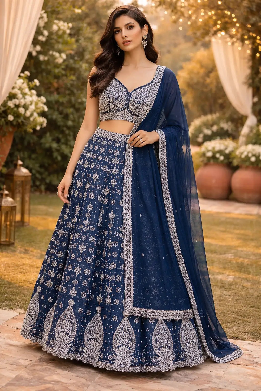 Navy Blue Net Embroidered Lehenga Set